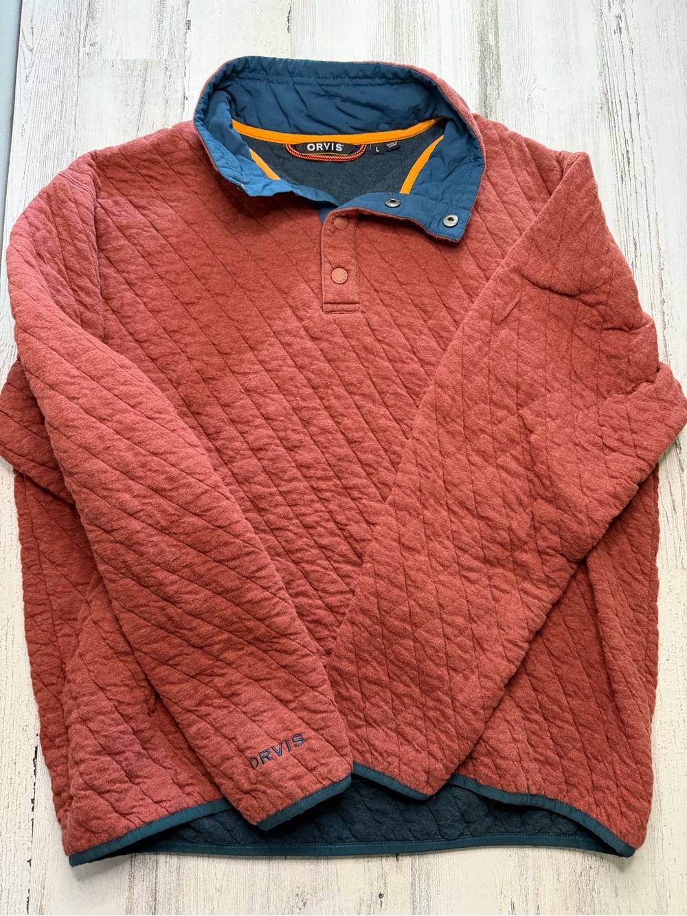 Orvis Men’s L Quilted Snap Pullover Sweatshirt Rust Orange Blue Cotton